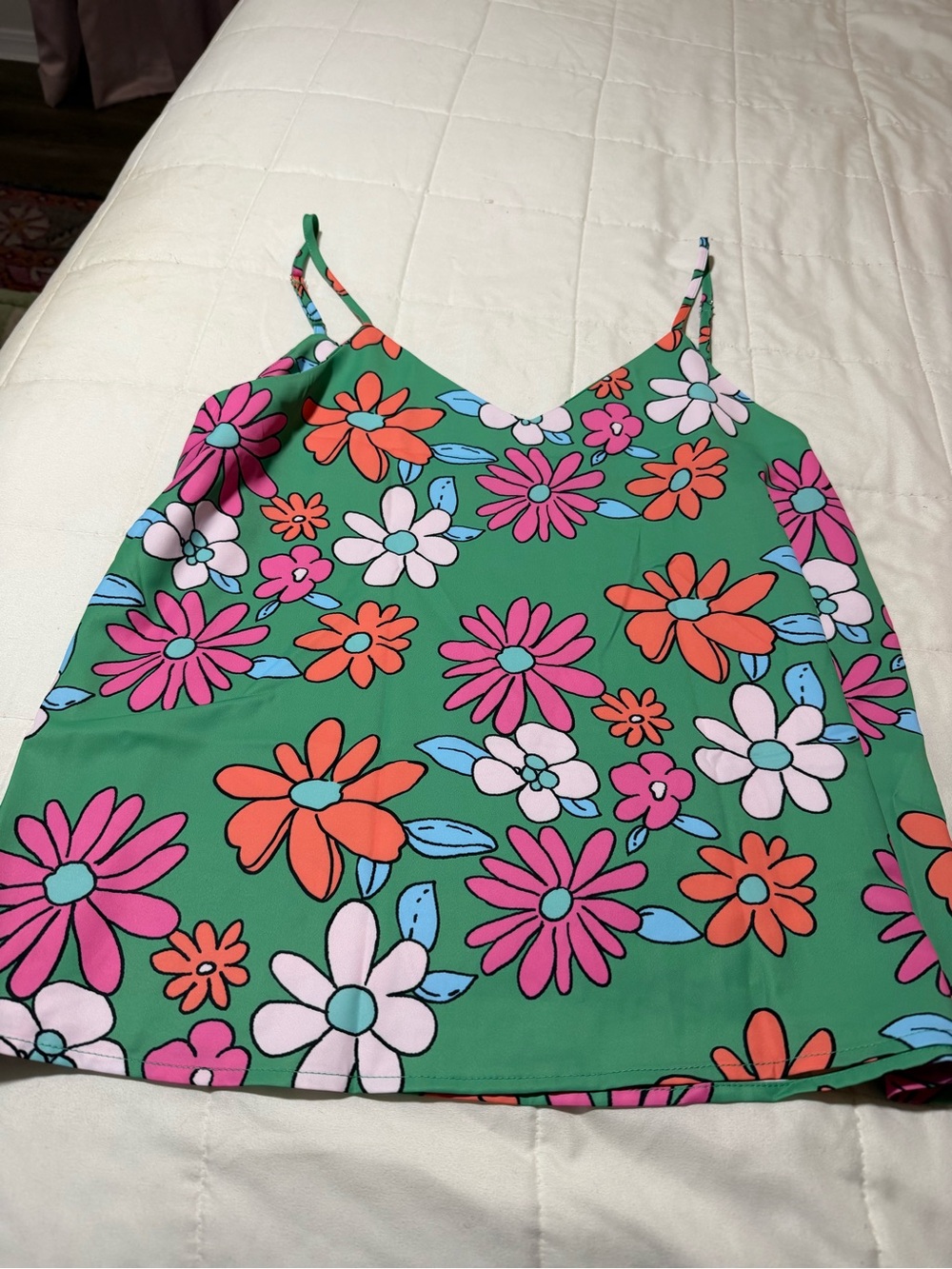 Green Floral V-Neck Spaghetti Strap Cami Tank Top